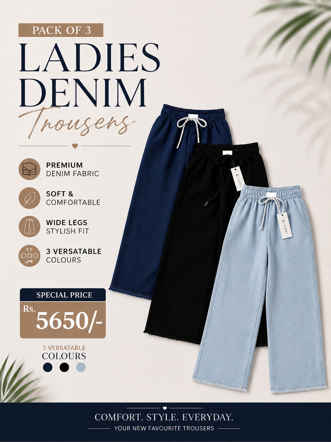 Pack of 3 dori elastic waist denim trouser. XL  size.